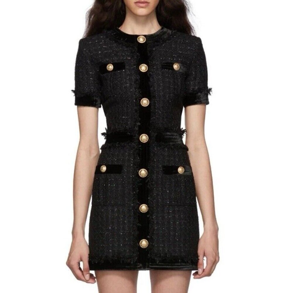 USBeckham Collection Paris Black Tweed Midi Dress With Gold Buttons Size Medium